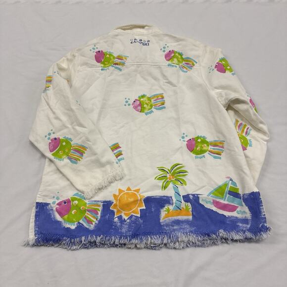 Vtg Fish Tropical Print Denim Jacket Handpainted Camper's Size L Kidcore Whimsy - Picture 8 of 9